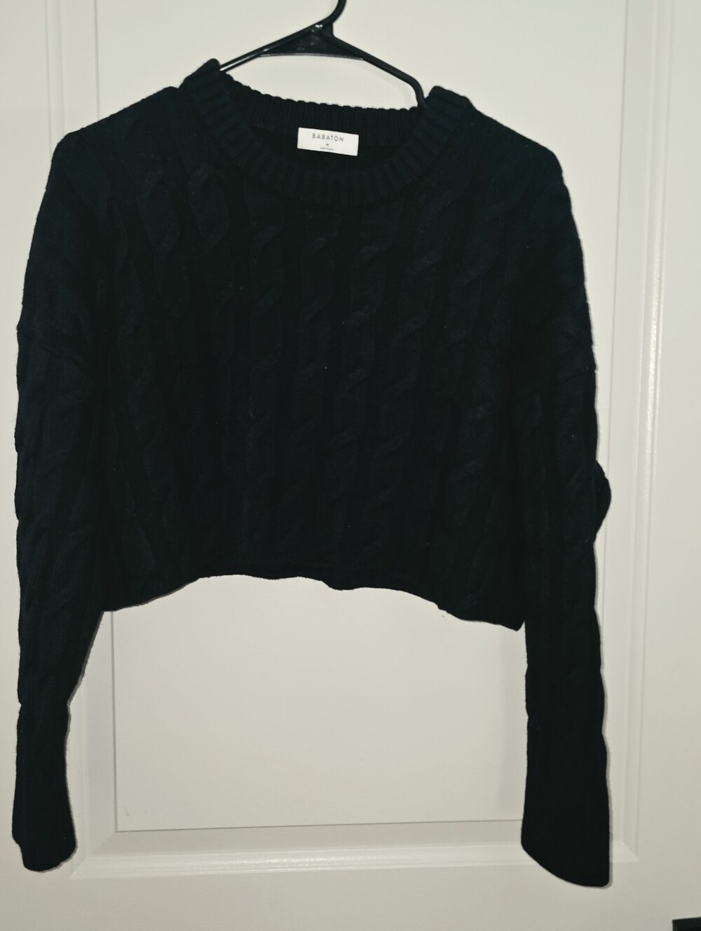 Babaton Navy Cable-Knit Cropped Crew Sweater